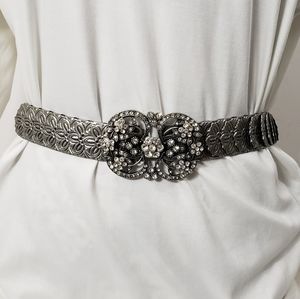 Rhinestone Buckle Silver Gunmetal Stretch Belt 29"